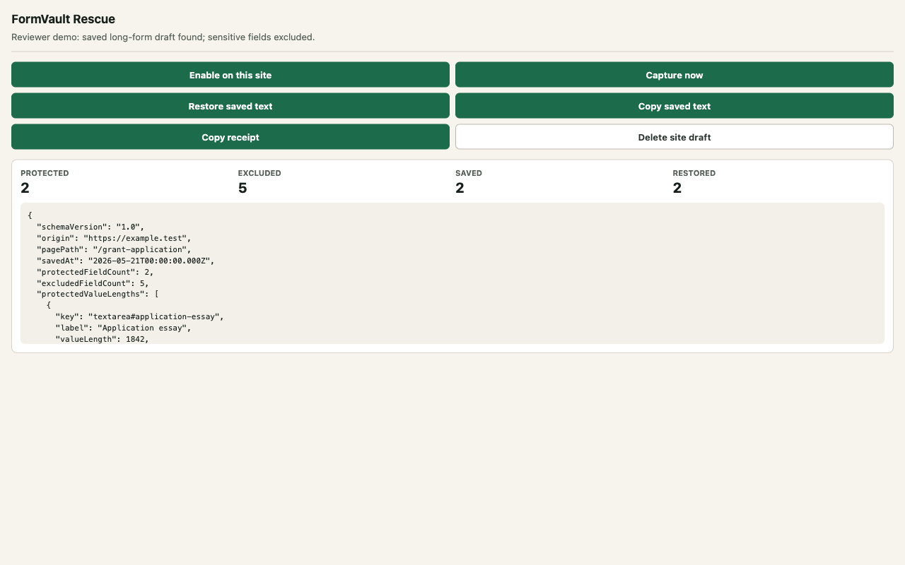 FormVault Rescue popup showing protected, excluded, saved, and restored field counts.